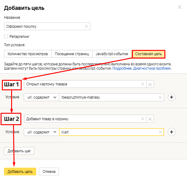 Настройка составной цели в Яндекс Метрики