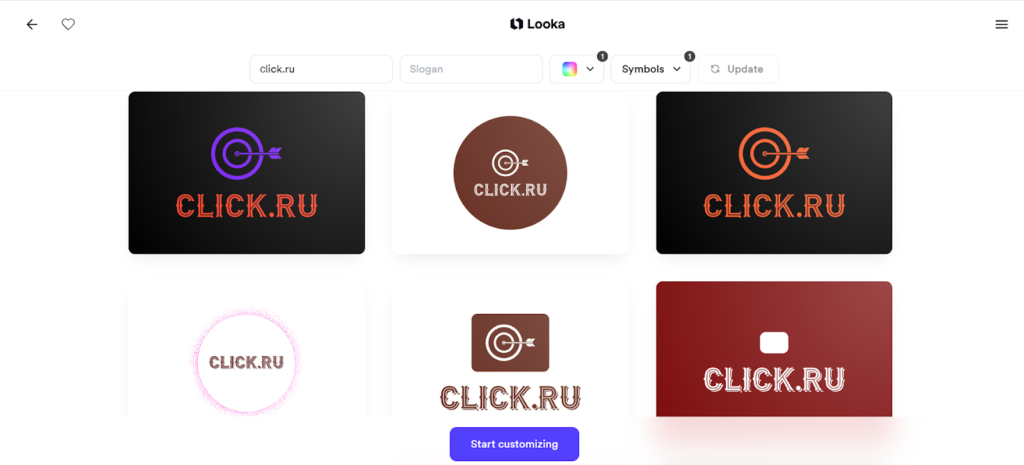 Варианты логотипа click.ru от нейросети Looka