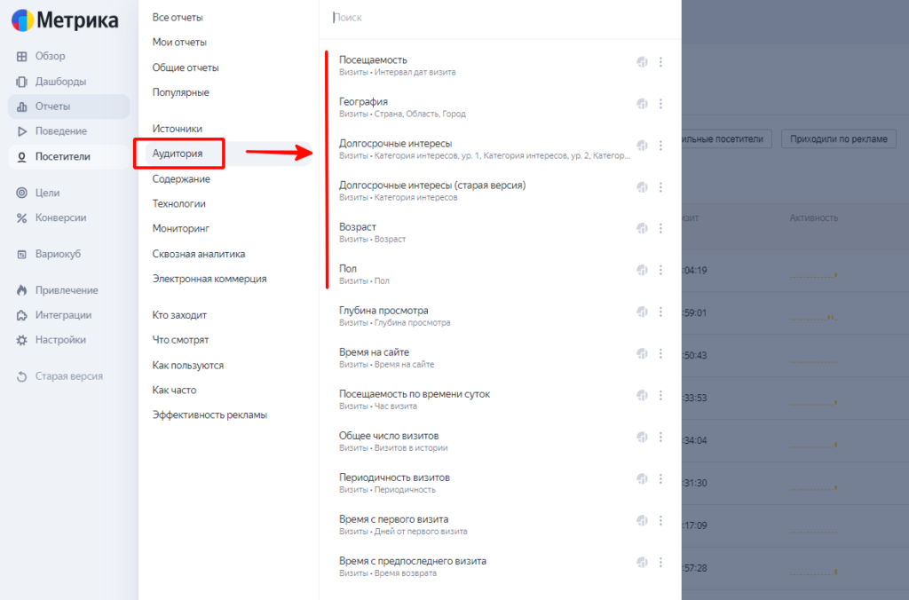 Раздел с информацией об аудитории в Яндекс Метрике