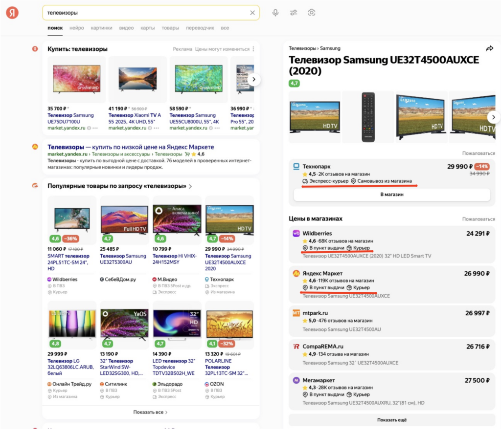 Информация о способах доставки в Поиске Яндекса, источник