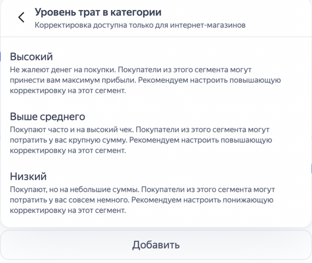 Уровня трат в категории в Яндекс Директе, источник