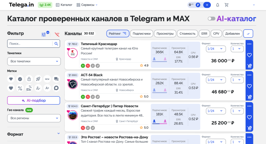 Каталог каналов на платформе Telega.in
